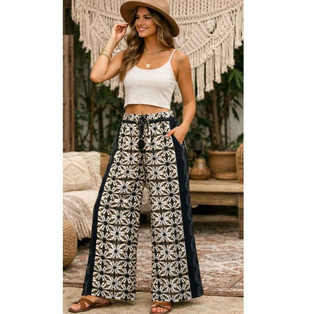 Soft Surroundings Canna Batlik Printed Wide-Leg Palazzo Pants Size Medium